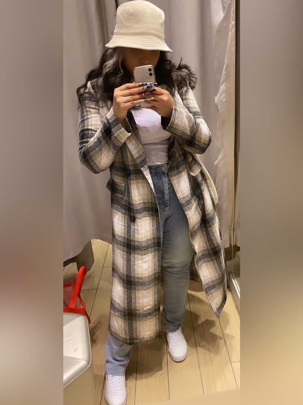 Beige plaid long jacket